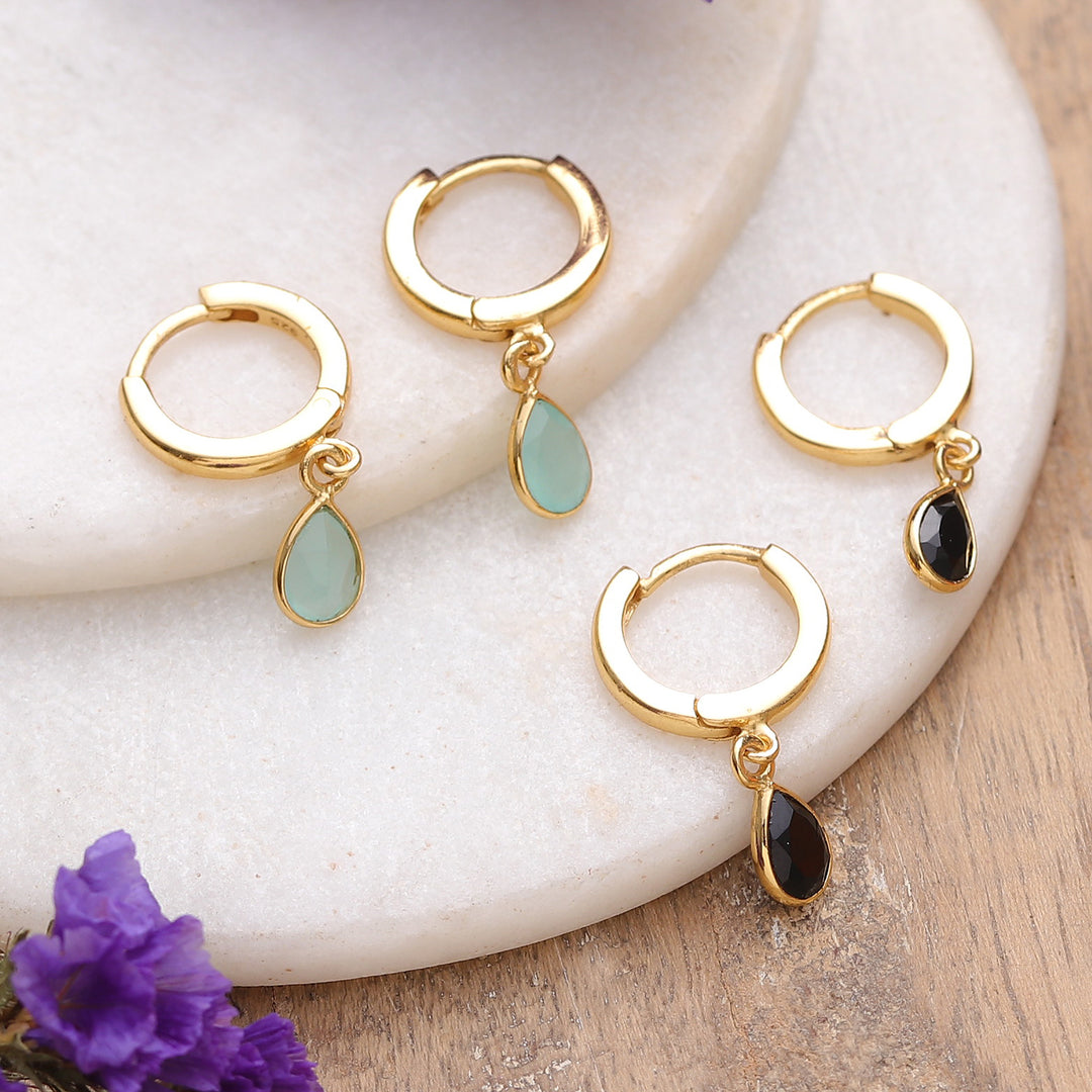 Set of 2 18k Gold-Plated Chalcedony and Onyx Dangle Earrings - Dual Drops