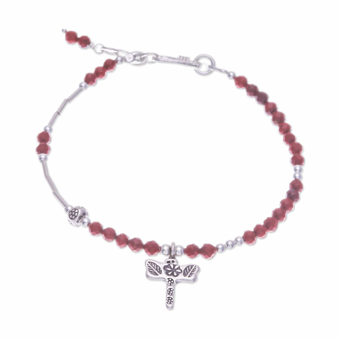 3-Carat Jasper and Silver Beaded Dragonfly Charm Bracelet - Strength Dragonfly