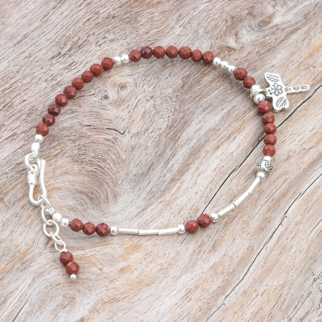 3-Carat Jasper and Silver Beaded Dragonfly Charm Bracelet - Strength Dragonfly