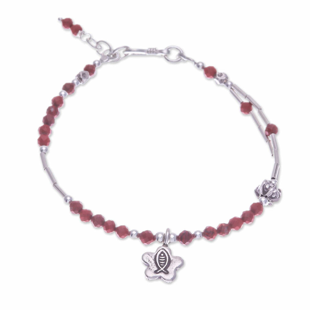Two-Carat Jasper and Silver Beaded Fish Charm Bracelet - Prosperous Strength