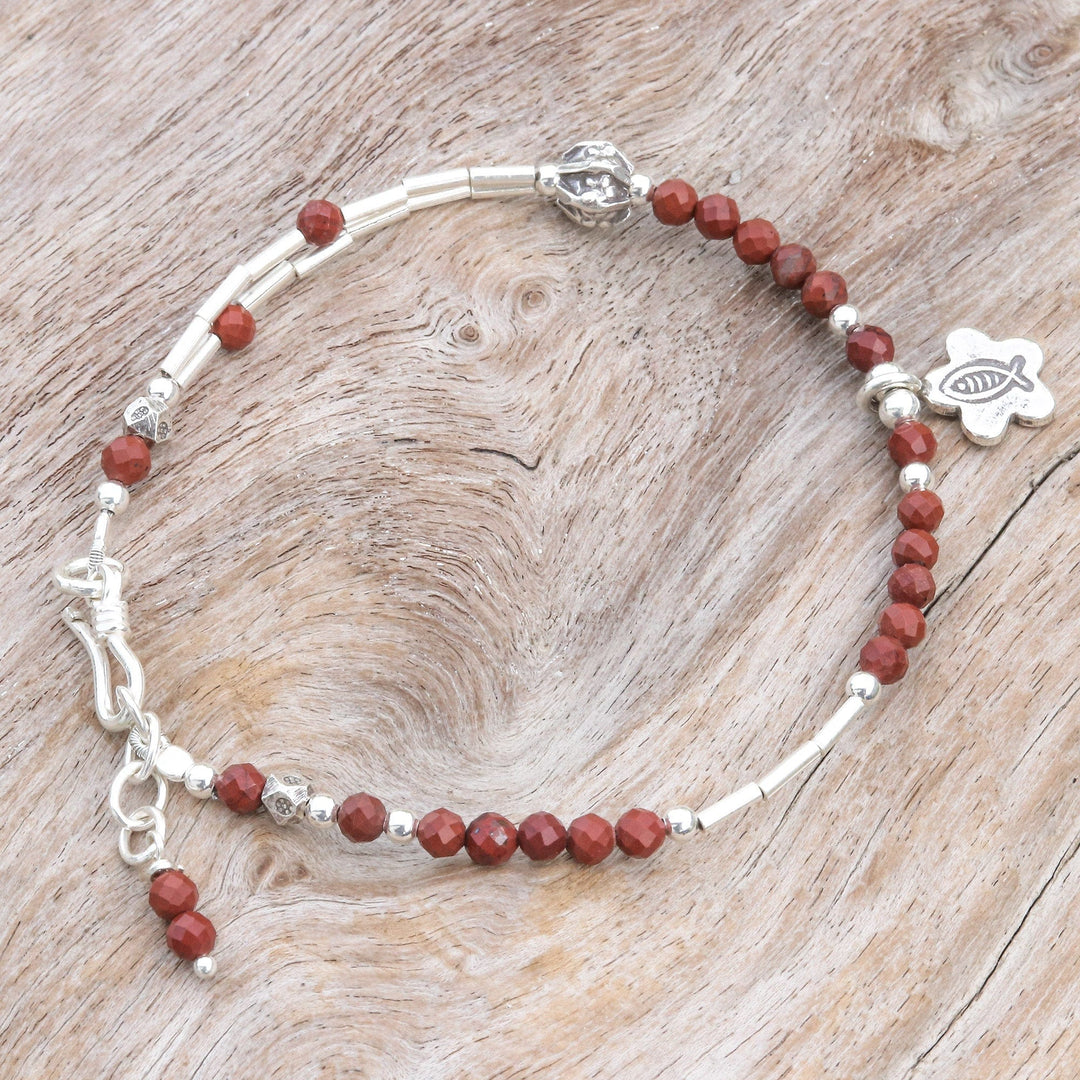 Two-Carat Jasper and Silver Beaded Fish Charm Bracelet - Prosperous Strength