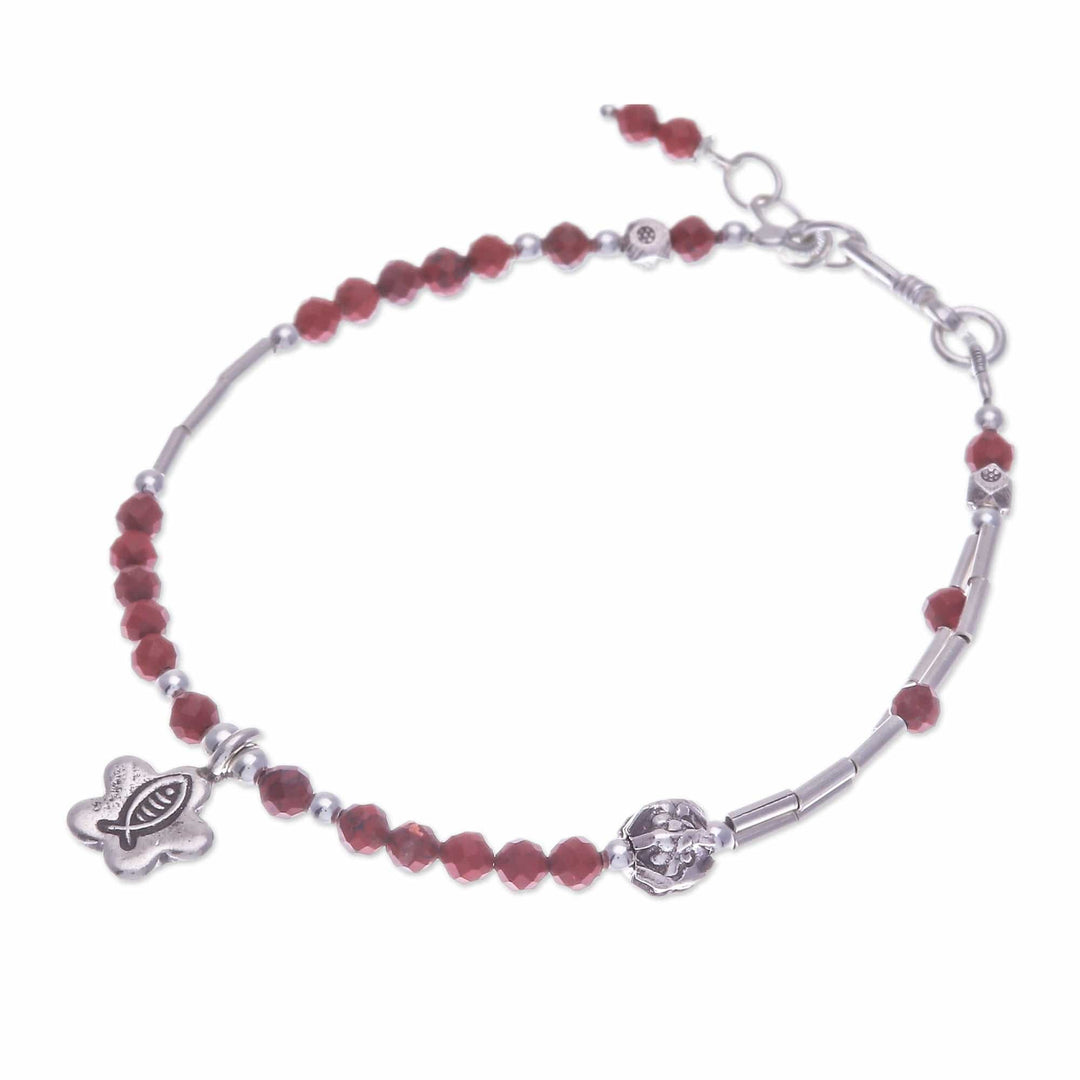 Two-Carat Jasper and Silver Beaded Fish Charm Bracelet - Prosperous Strength