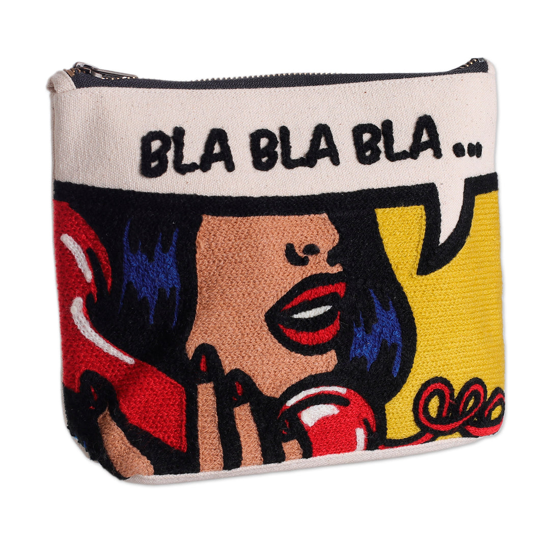 Bold Embroidered Yellow Cotton Cosmetic Bag with Zipper - Bla Bla Bla