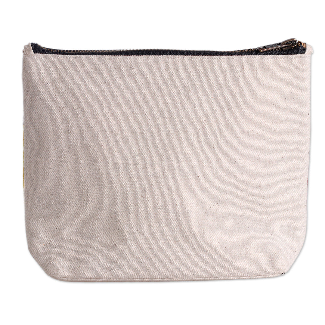 Bold Embroidered Yellow Cotton Cosmetic Bag with Zipper - Bla Bla Bla