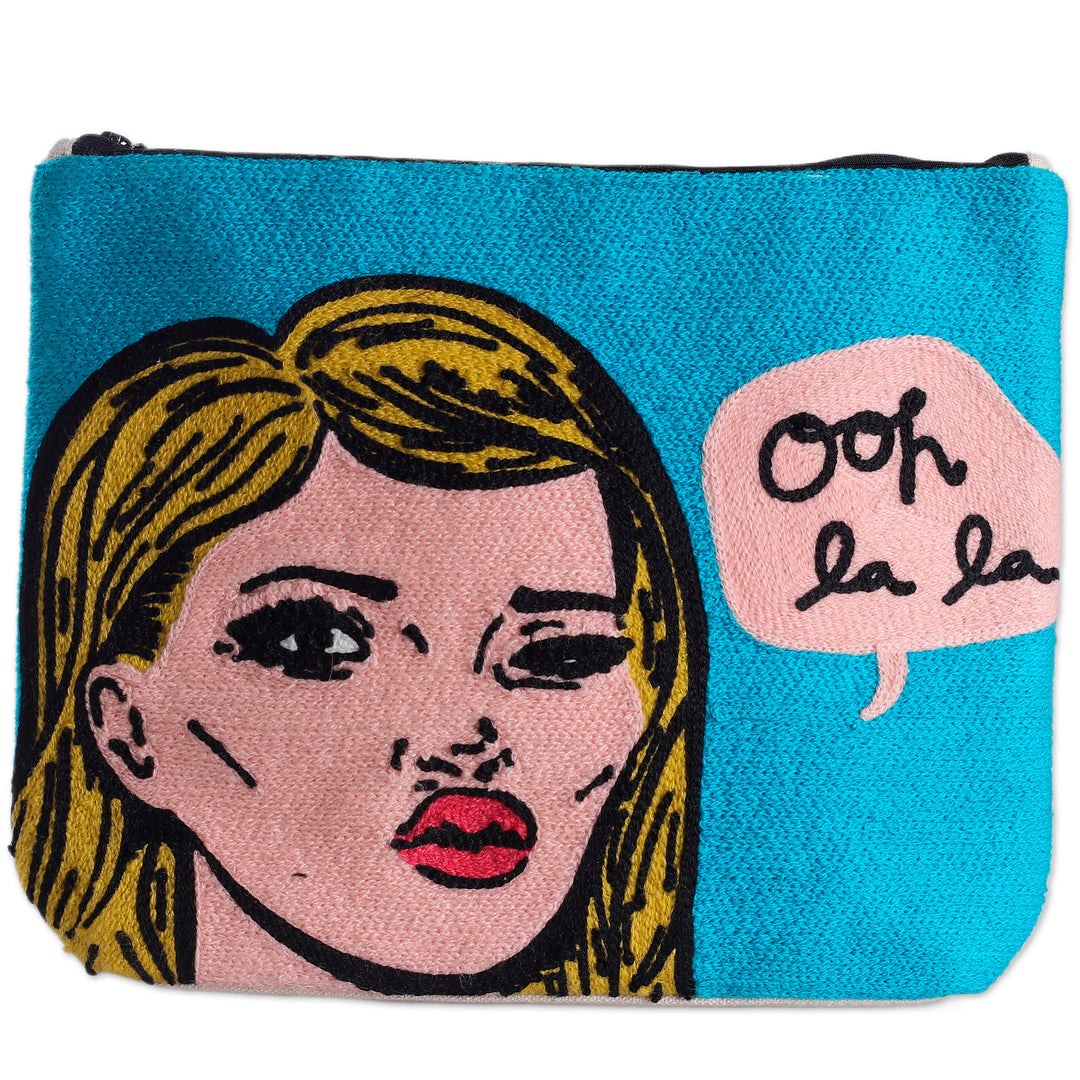 Bold Embroidered Sky Blue Cotton Cosmetic Bag with Zipper - Ooh La La