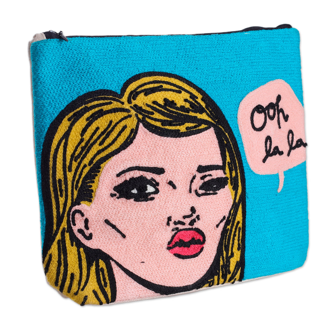 Bold Embroidered Sky Blue Cotton Cosmetic Bag with Zipper - Ooh La La