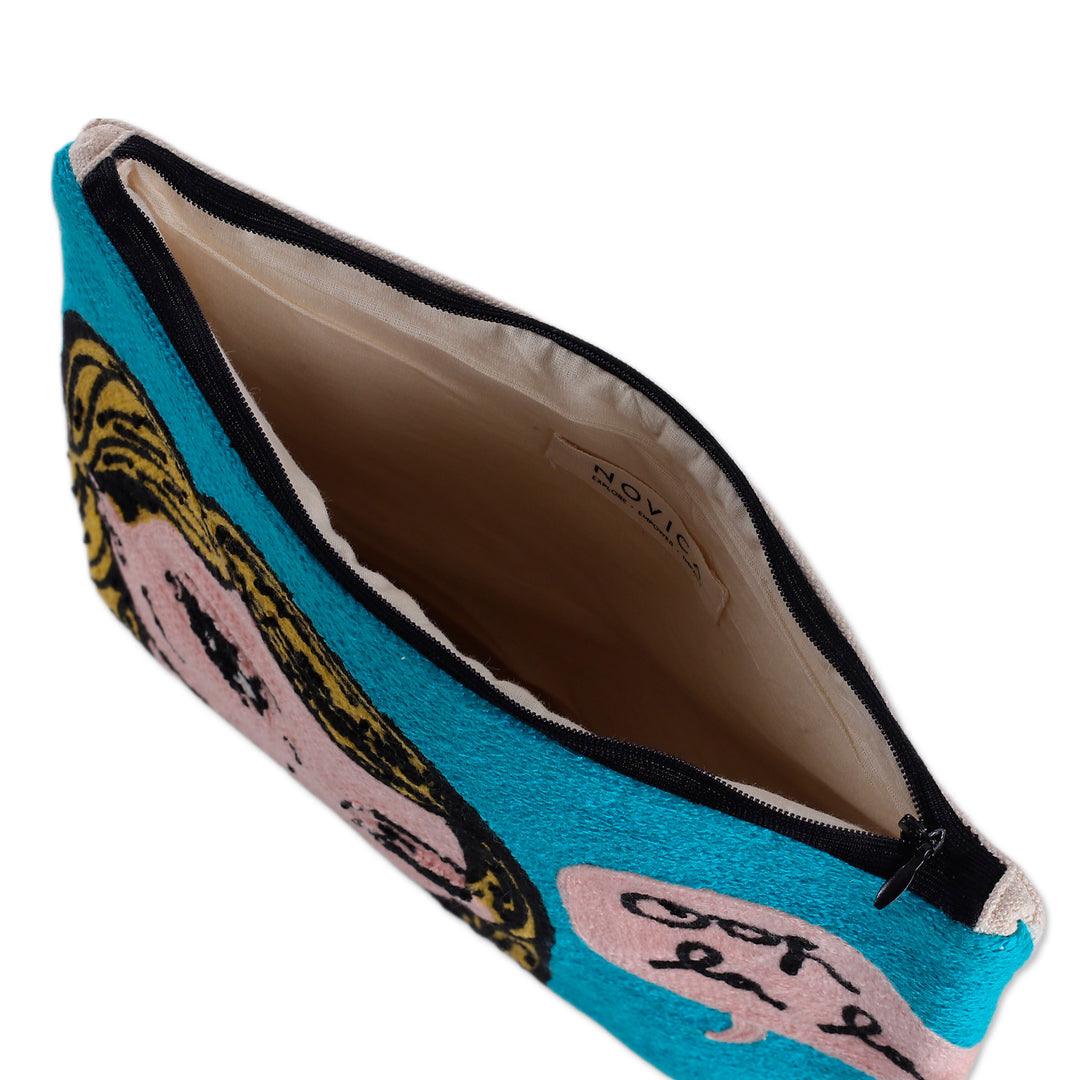 Bold Embroidered Sky Blue Cotton Cosmetic Bag with Zipper - Ooh La La