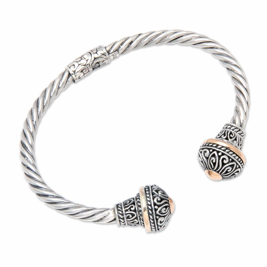 18k Gold-Accented Silver Cuff Bracelet with Floral Details - Victorious Kingdom