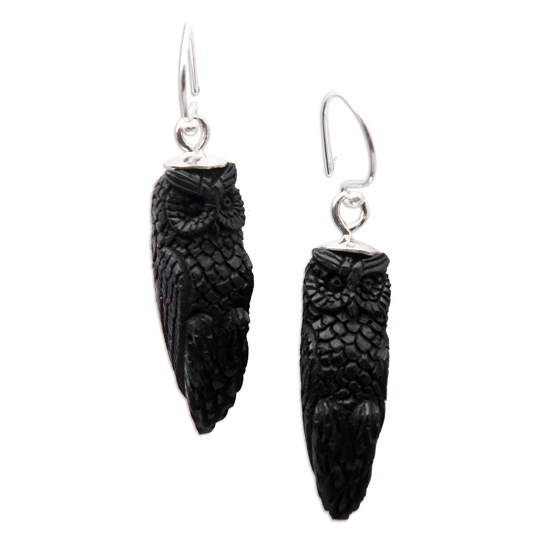 Dark Horn Owl-Shaped Dangle Earrings Hand-Carved in Bali - Night Owls
