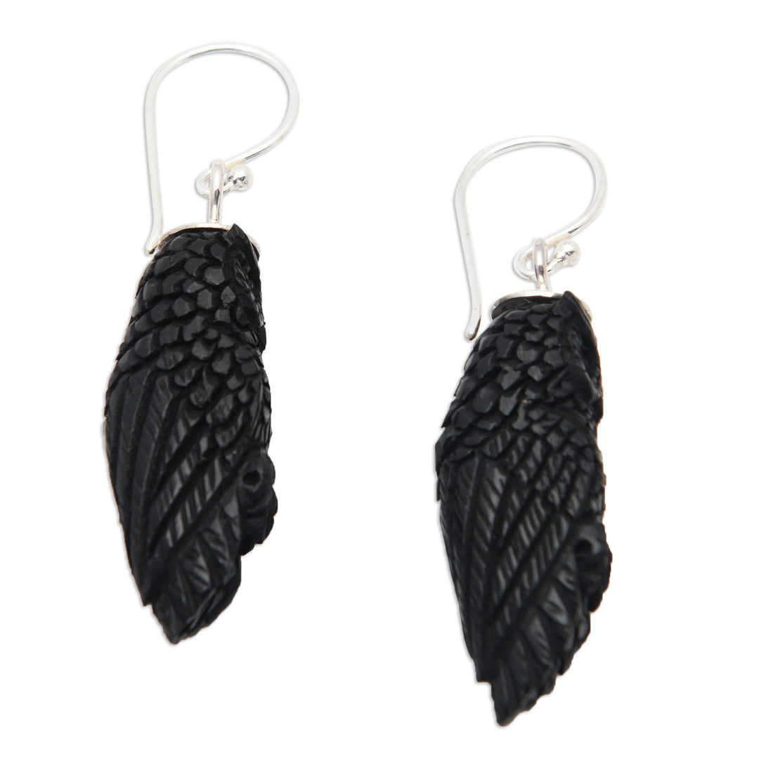 Dark Horn Owl-Shaped Dangle Earrings Hand-Carved in Bali - Night Owls