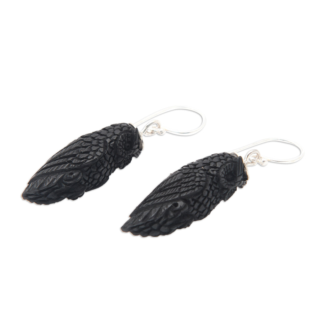 Dark Horn Owl-Shaped Dangle Earrings Hand-Carved in Bali - Night Owls