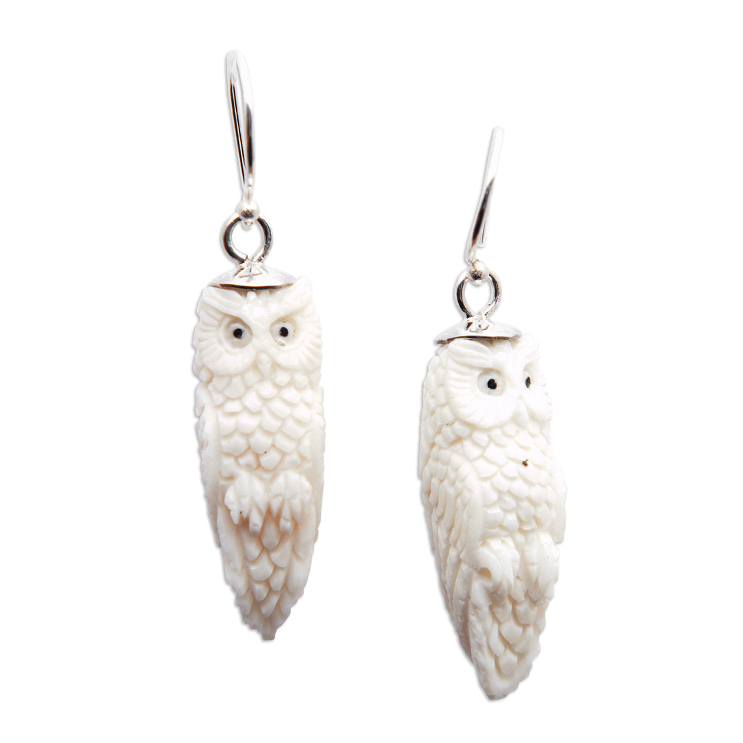 Hand-Carved Owl Dangle Earrings with Silver Hooks from Bali - Angelical Owl