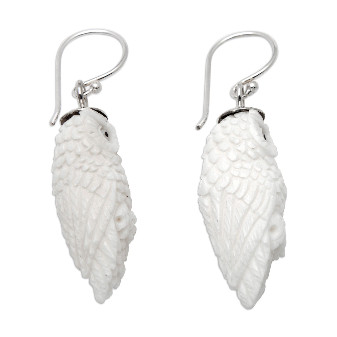 Hand-Carved Owl Dangle Earrings with Silver Hooks from Bali - Angelical Owl