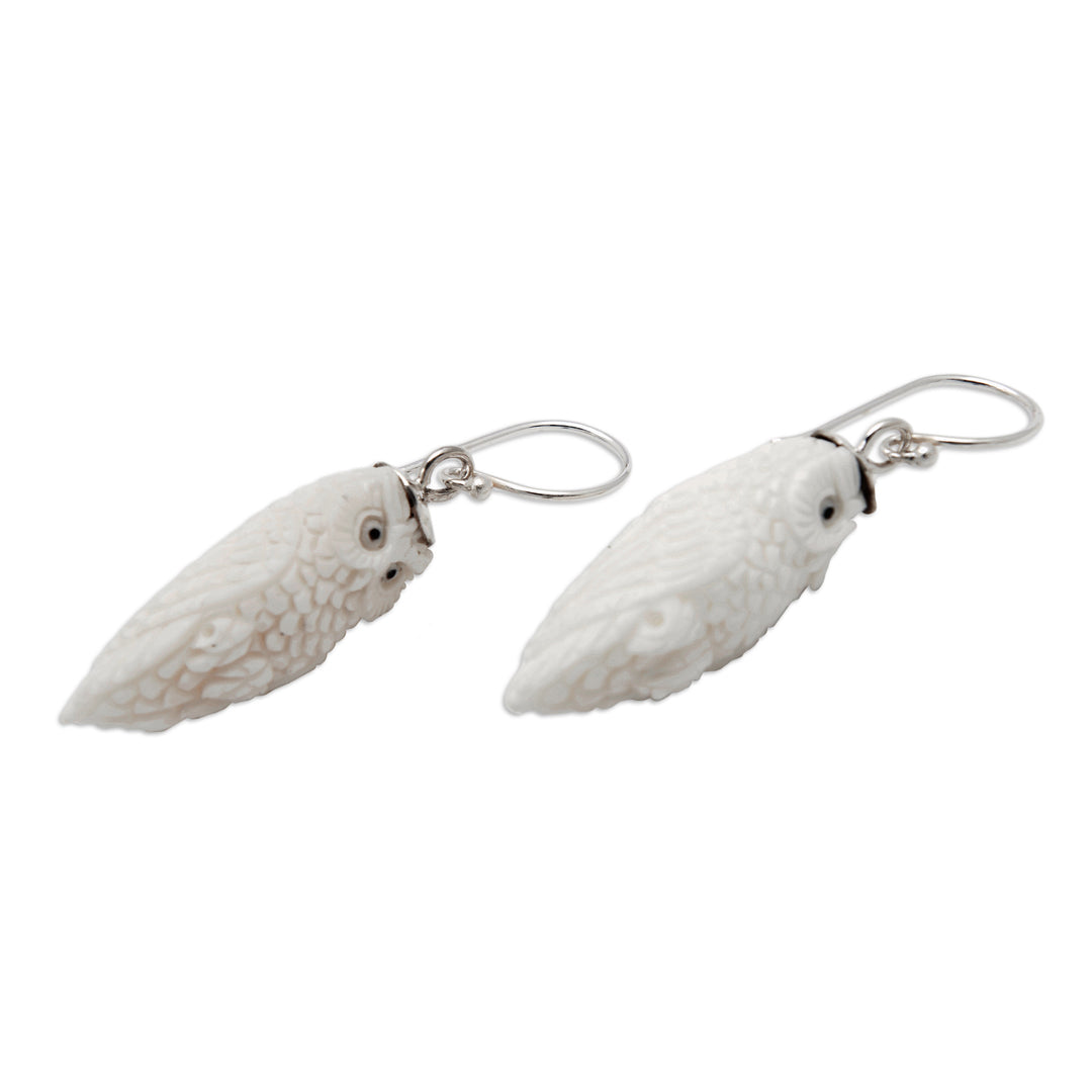 Hand-Carved Owl Dangle Earrings with Silver Hooks from Bali - Angelical Owl