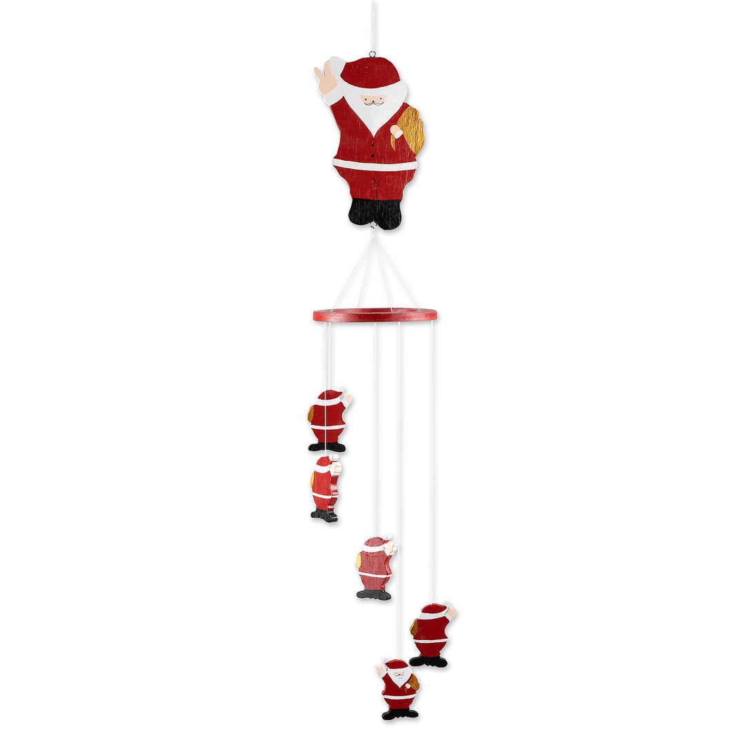 Hand-Painted Santa-Themed Albesia Wood Mobile from Bali - Waving Santa