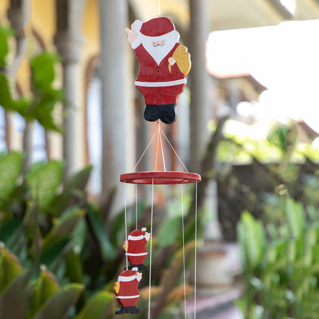 Hand-Painted Santa-Themed Albesia Wood Mobile from Bali - Waving Santa