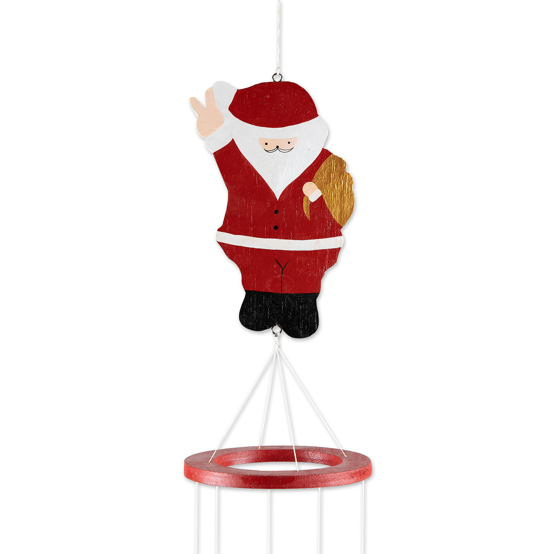 Hand-Painted Santa-Themed Albesia Wood Mobile from Bali - Waving Santa