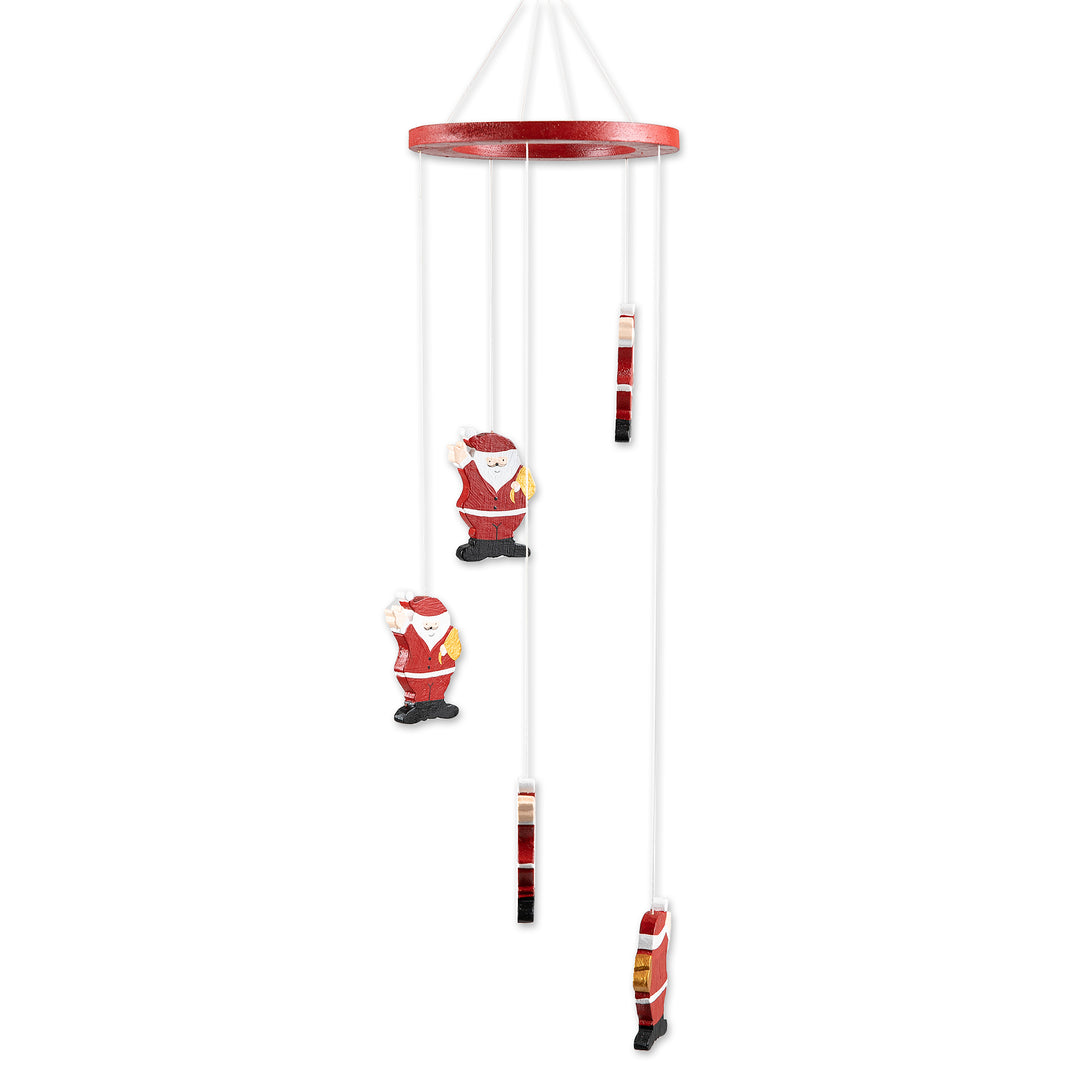 Hand-Painted Santa-Themed Albesia Wood Mobile from Bali - Waving Santa