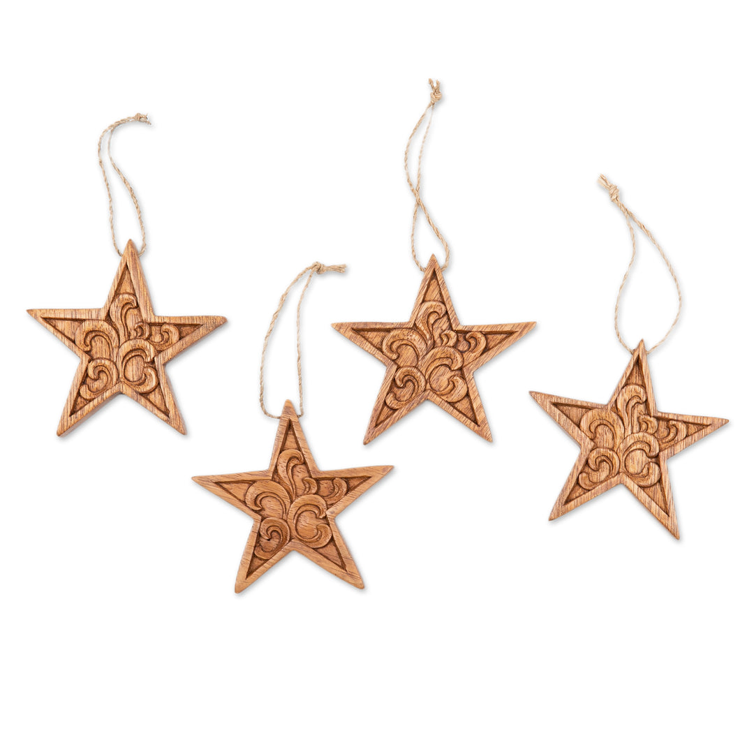 Set of 4 Traditional Star-Shaped Suar Wood Ornaments - Morning Grace