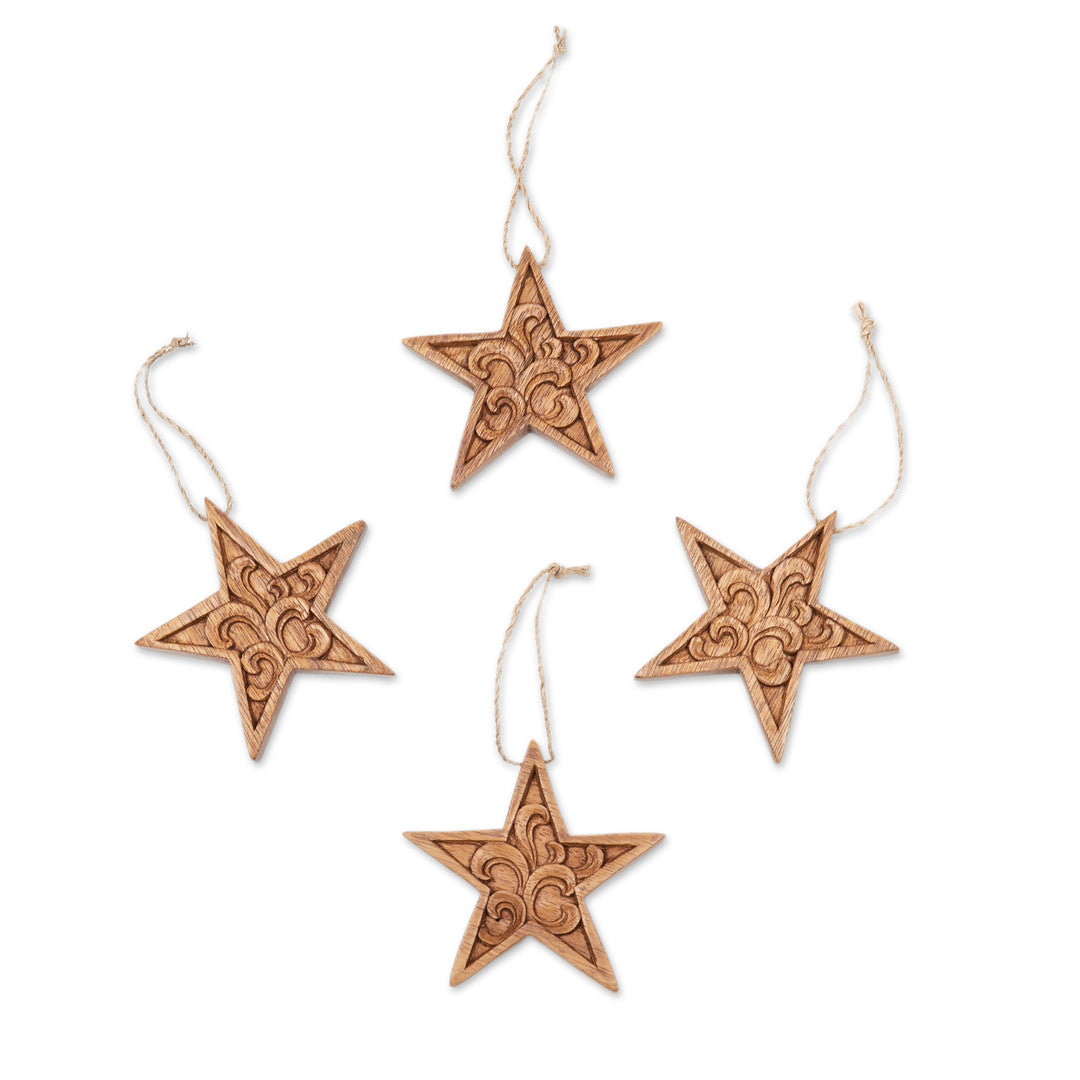 Set of 4 Traditional Star-Shaped Suar Wood Ornaments - Morning Grace