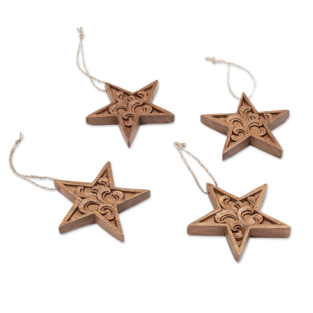 Set of 4 Traditional Star-Shaped Suar Wood Ornaments - Morning Grace