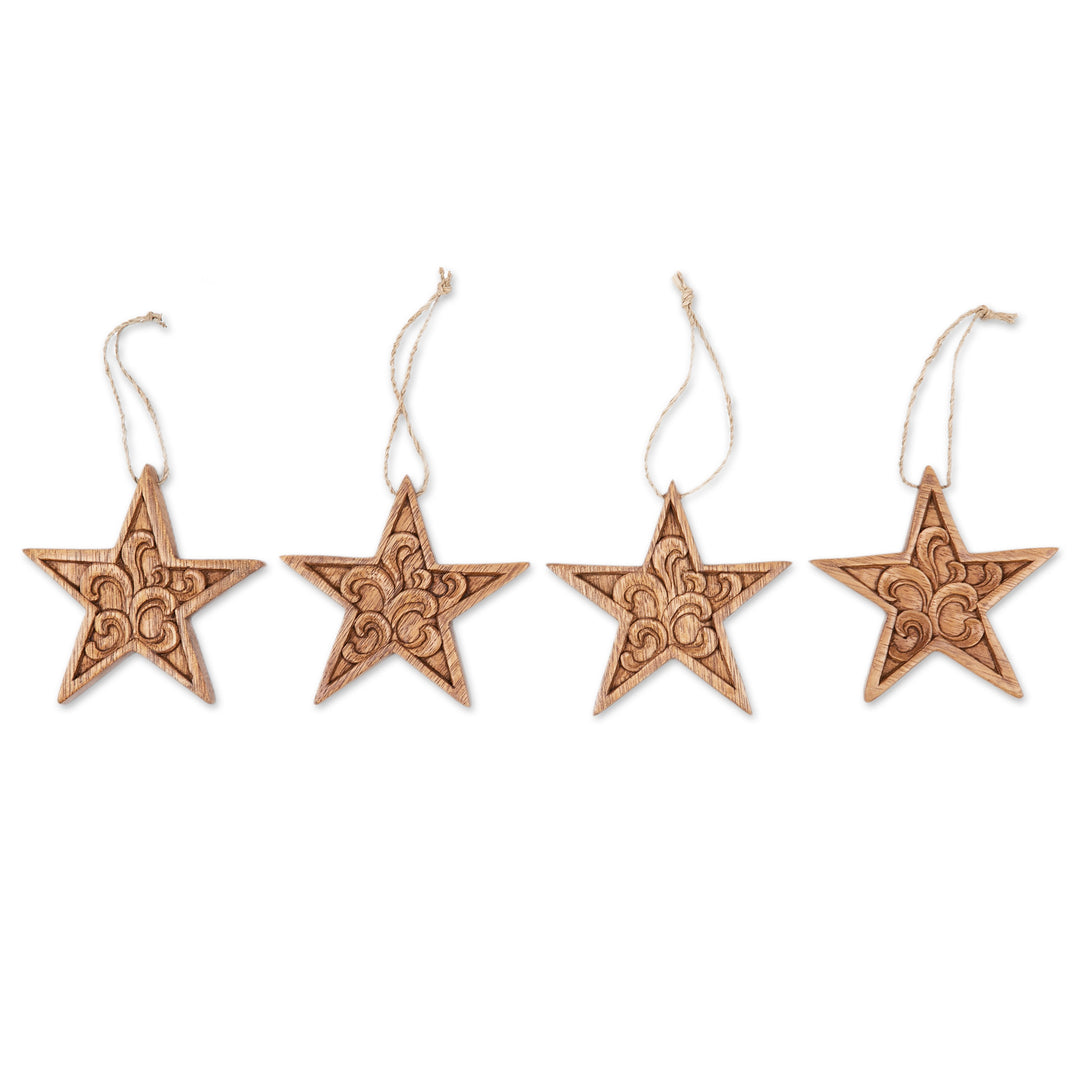 Set of 4 Traditional Star-Shaped Suar Wood Ornaments - Morning Grace