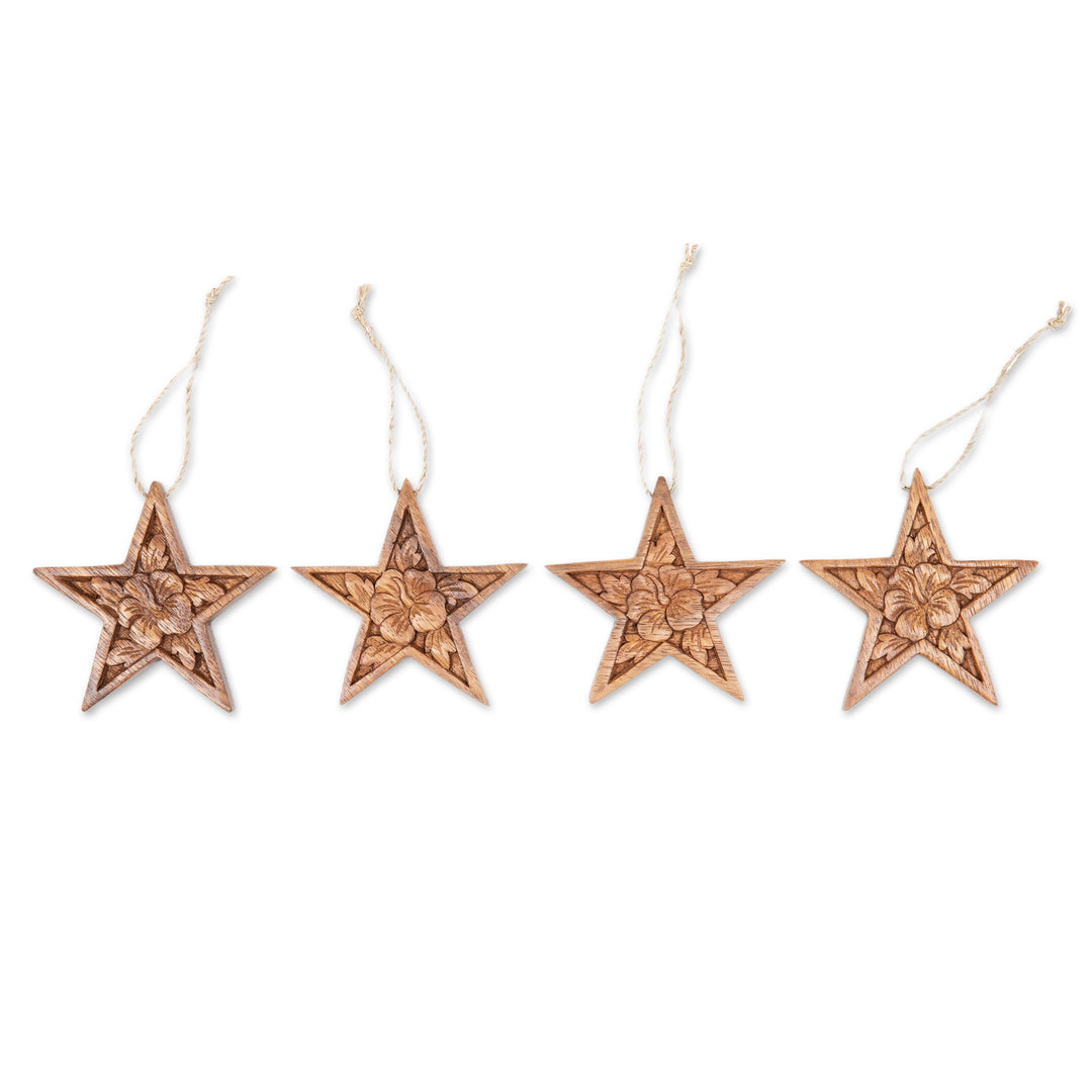 Set of 4 Floral Star-Shaped Suar Wood Ornaments - Hibiscus Grace