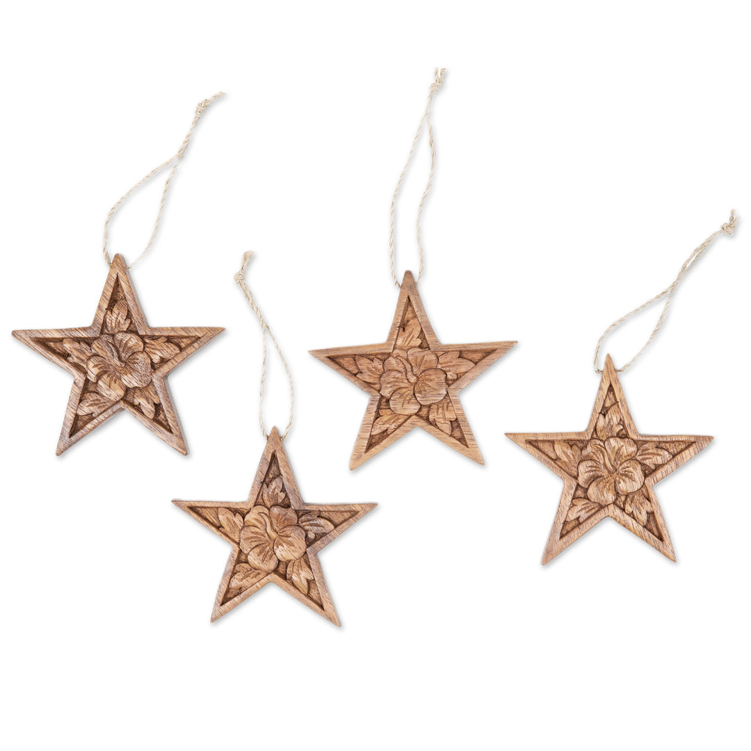 Set of 4 Floral Star-Shaped Suar Wood Ornaments - Hibiscus Grace