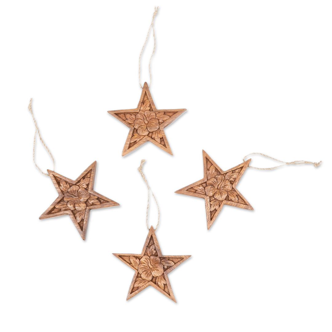 Set of 4 Floral Star-Shaped Suar Wood Ornaments - Hibiscus Grace
