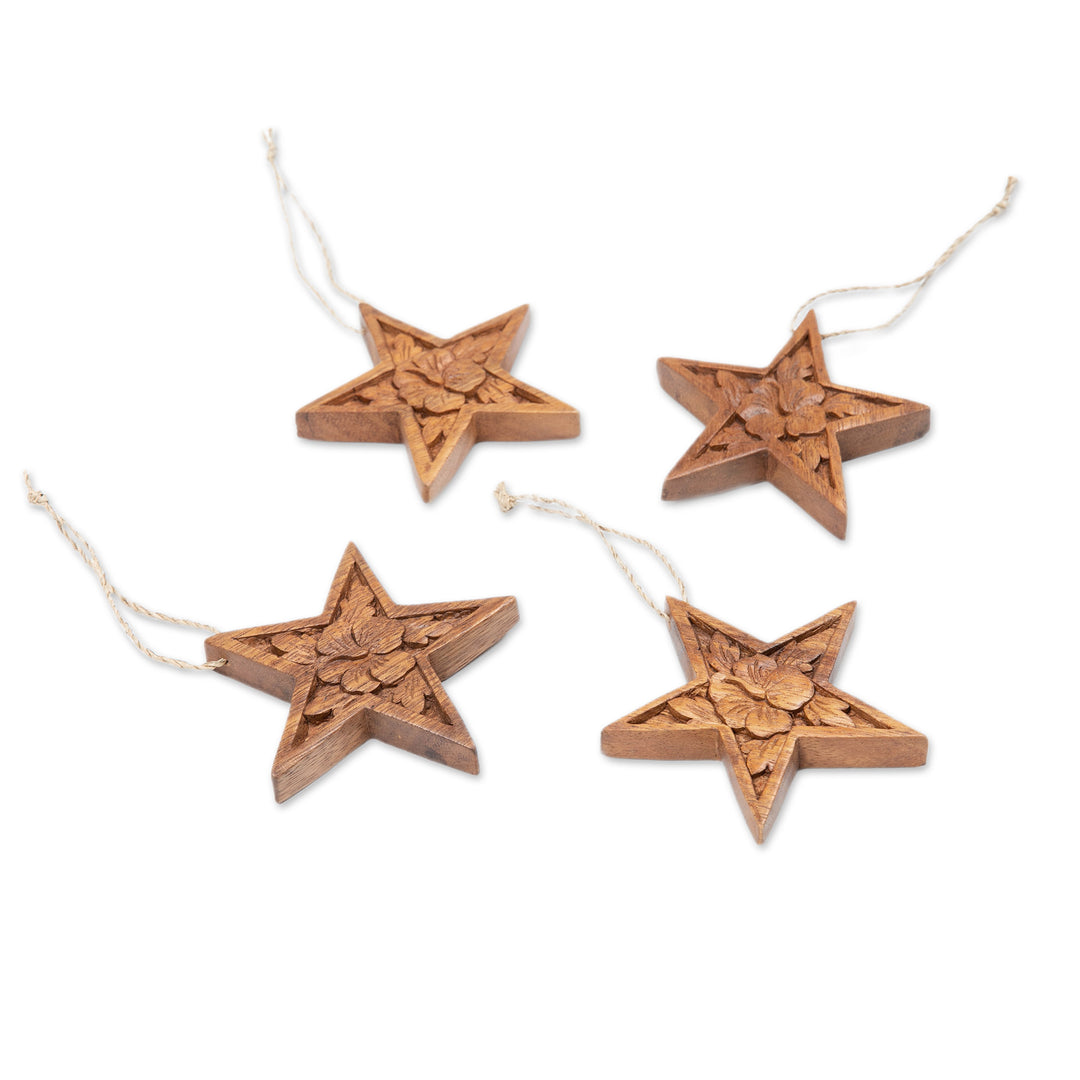Set of 4 Floral Star-Shaped Suar Wood Ornaments - Hibiscus Grace