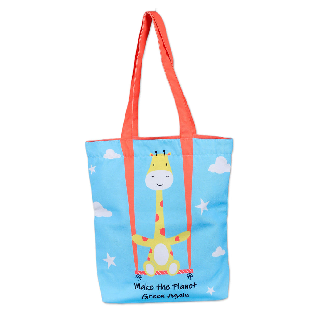 Printed Inspirational Giraffe-Themed Blue Cotton Tote Bag - Swing for the Planet