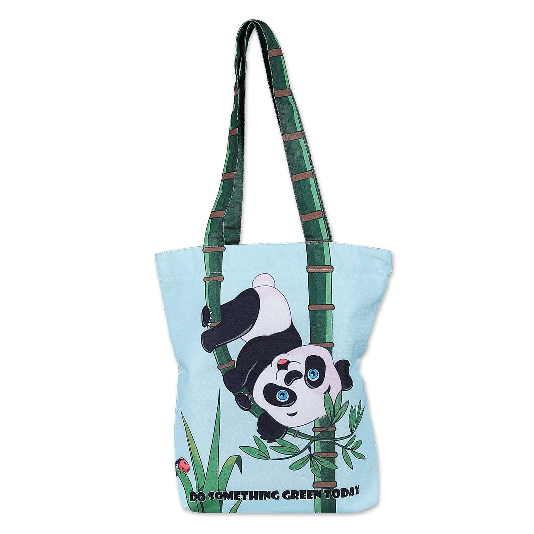 Printed Inspirational Panda-Themed Green Cotton Tote Bag - Bamboo Message