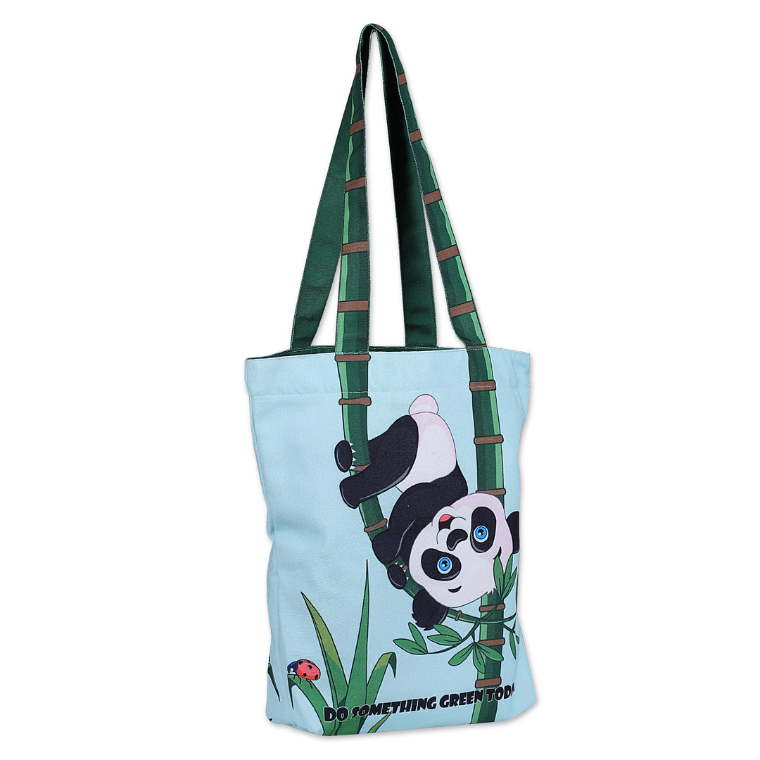 Printed Inspirational Panda-Themed Green Cotton Tote Bag - Bamboo Message