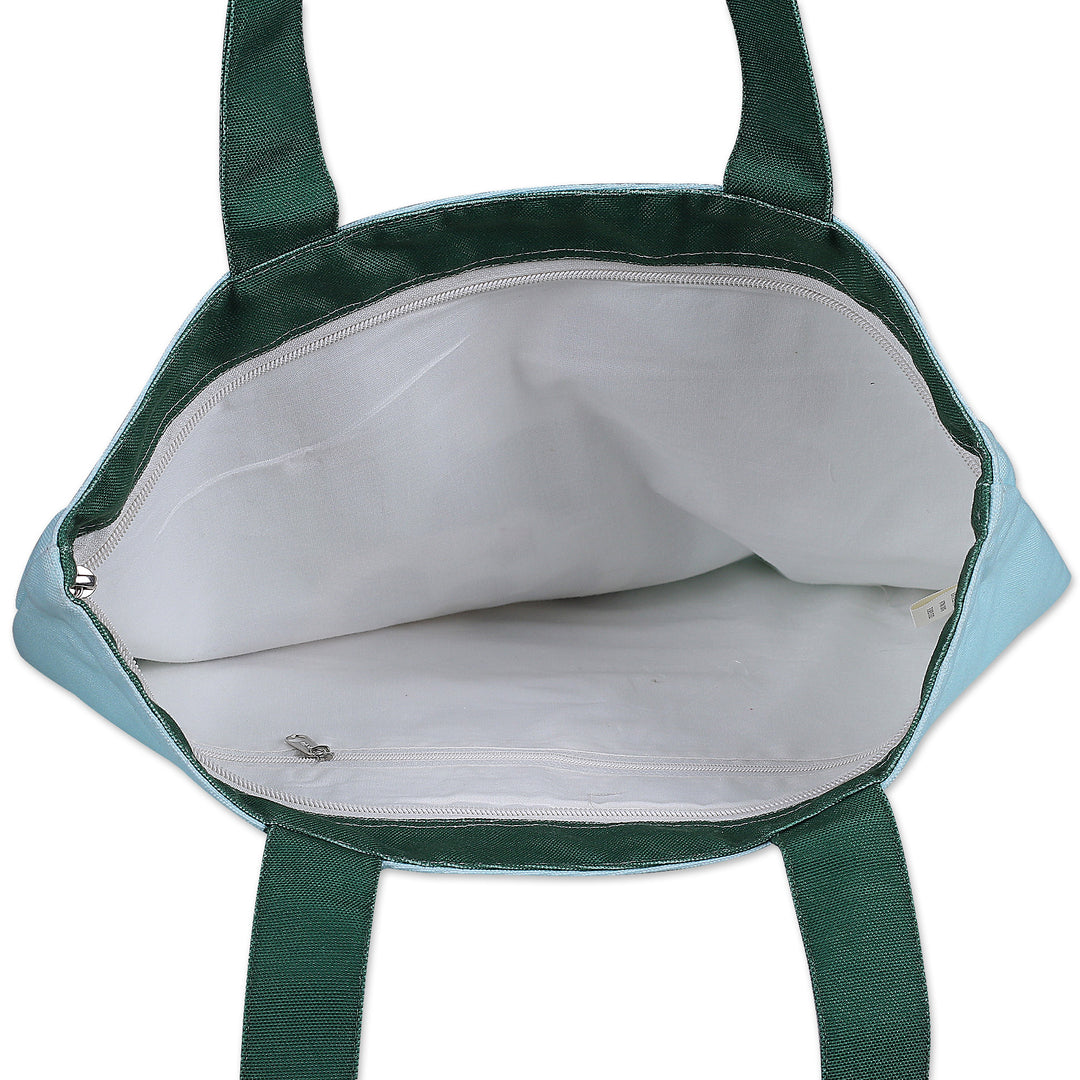 Printed Inspirational Panda-Themed Green Cotton Tote Bag - Bamboo Message
