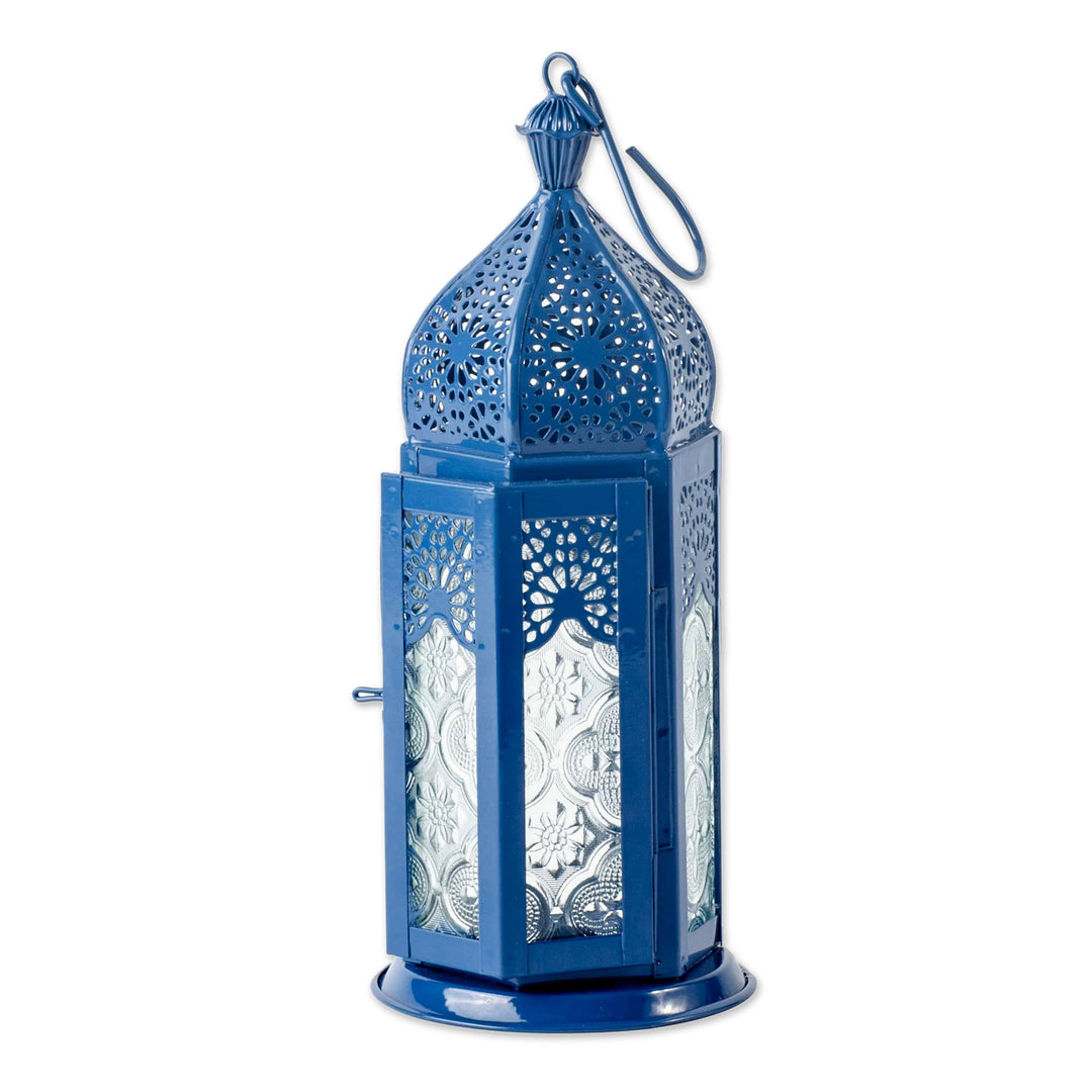 Blue Hanging Lantern with Decorative Glass from India - Bazaar Blue