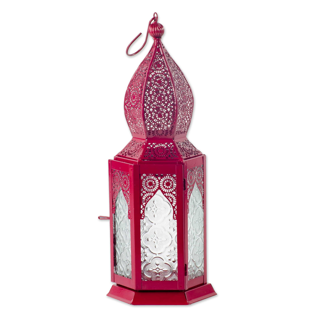 Maroon Hanging Lantern with Decorative Glass from India - Market Maroon