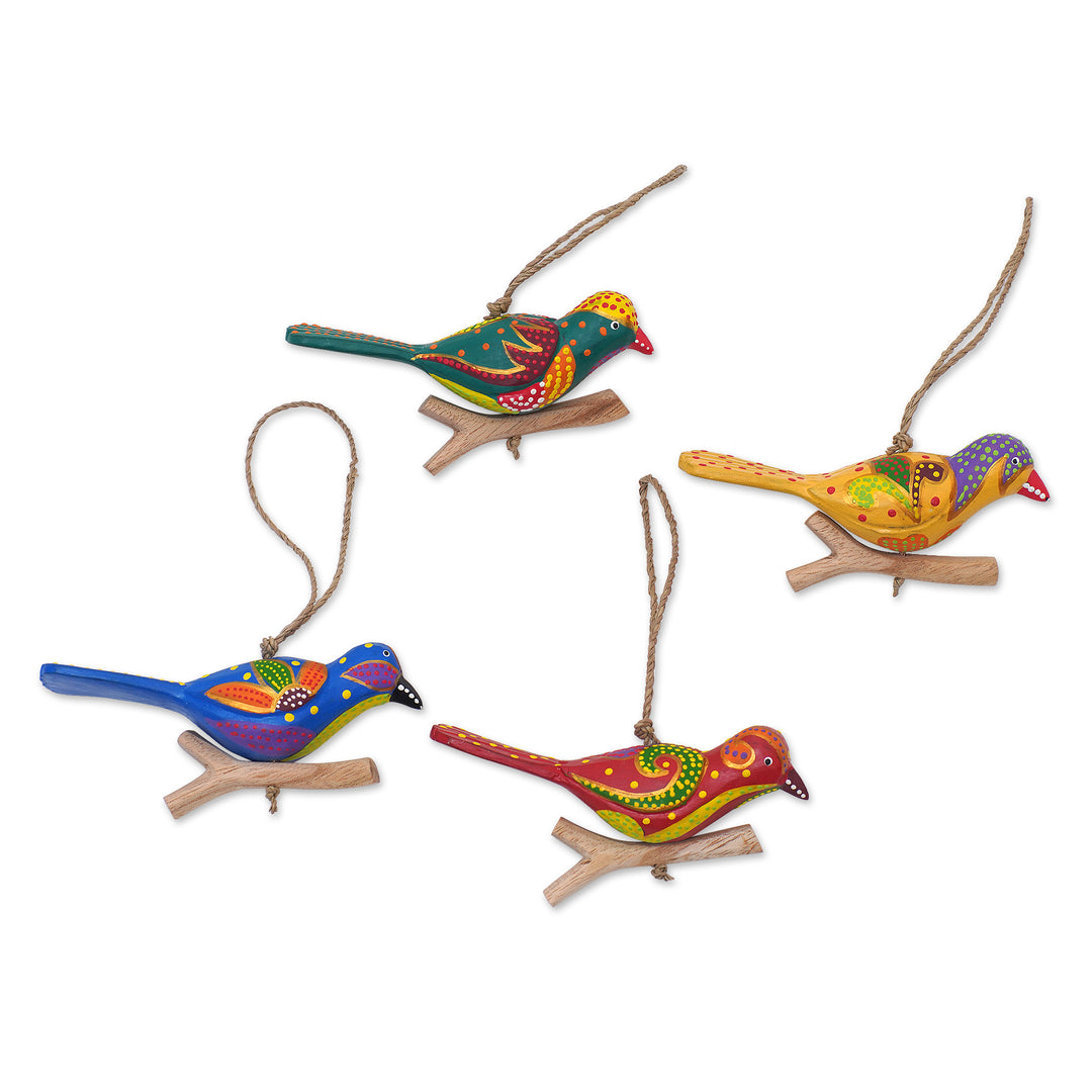 Set of 4 Painted Colorful Bird-Themed Albesia Wood Ornaments - Heaven Birds