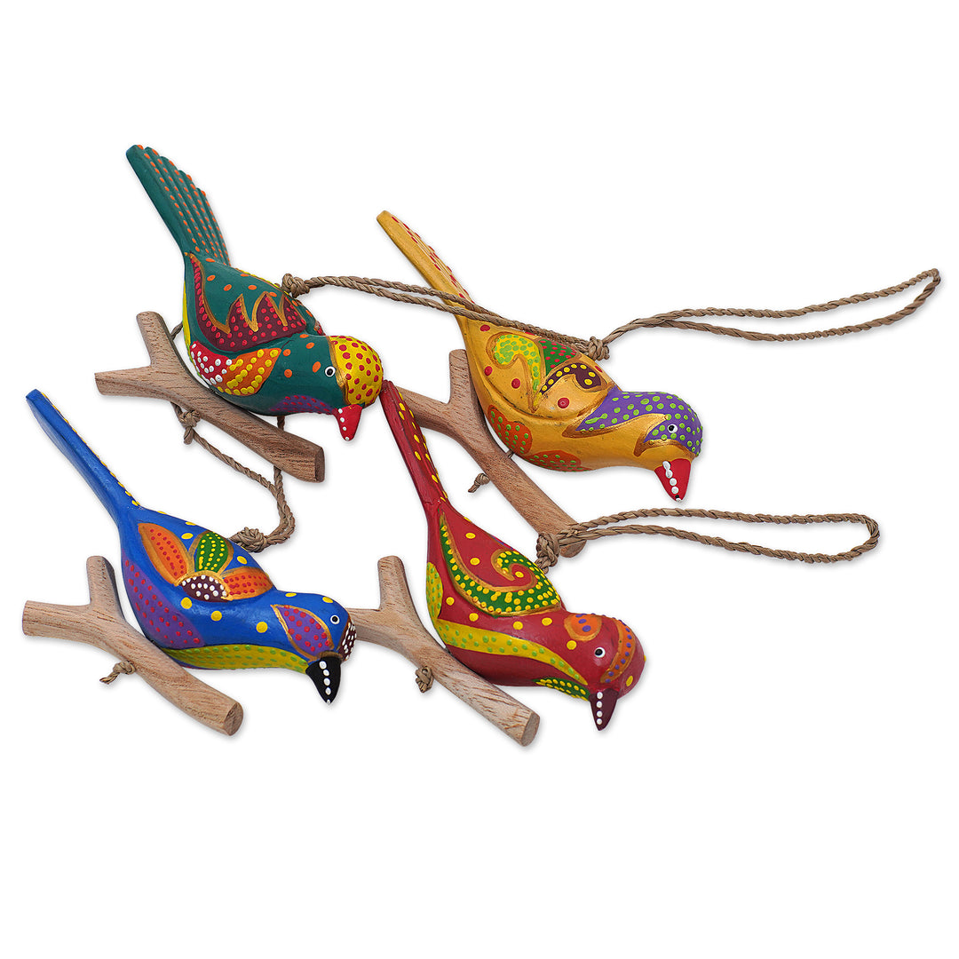 Set of 4 Painted Colorful Bird-Themed Albesia Wood Ornaments - Heaven Birds
