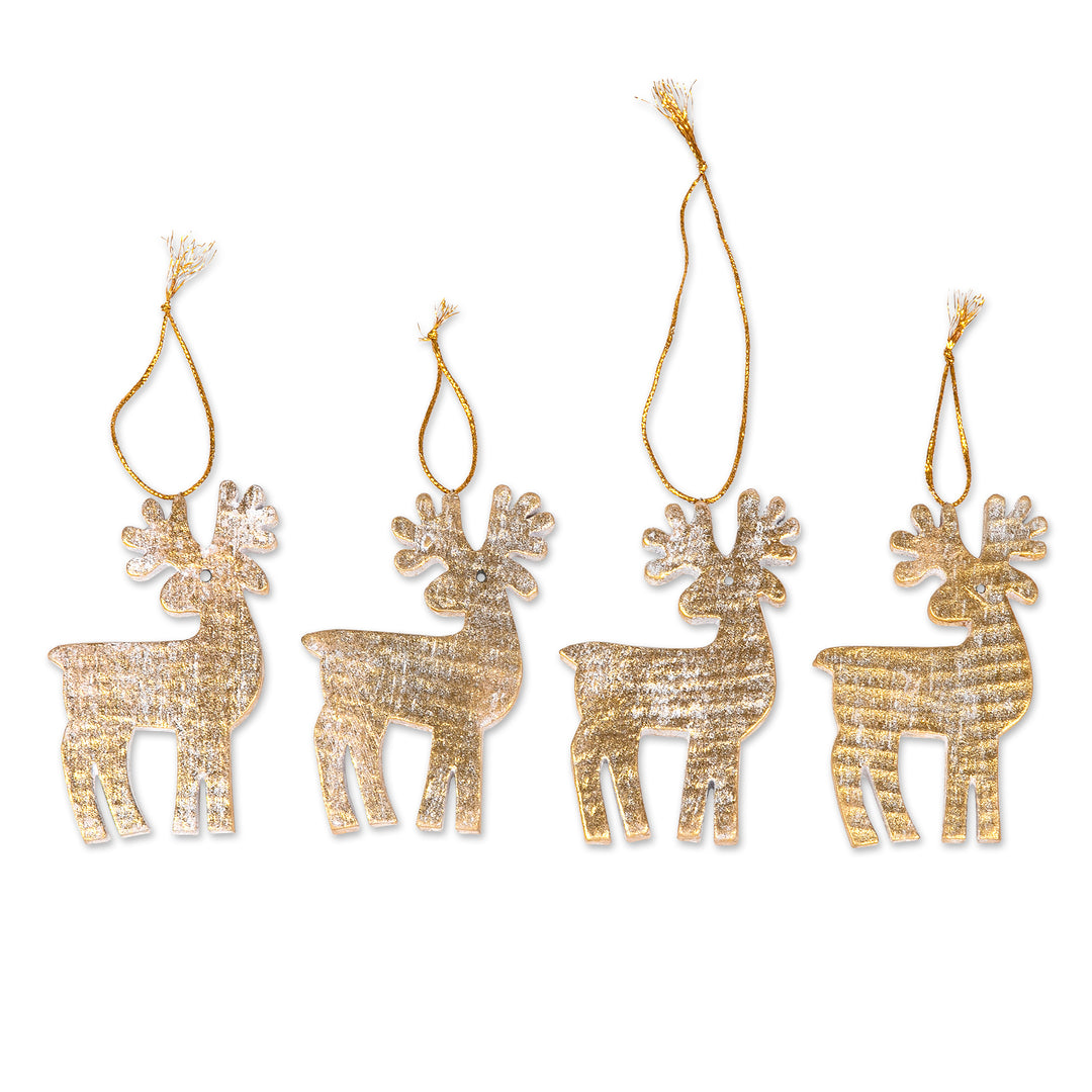 Set of 4 Golden Albesia Wood Holiday Reindeer Ornaments - Glorious Reindeer