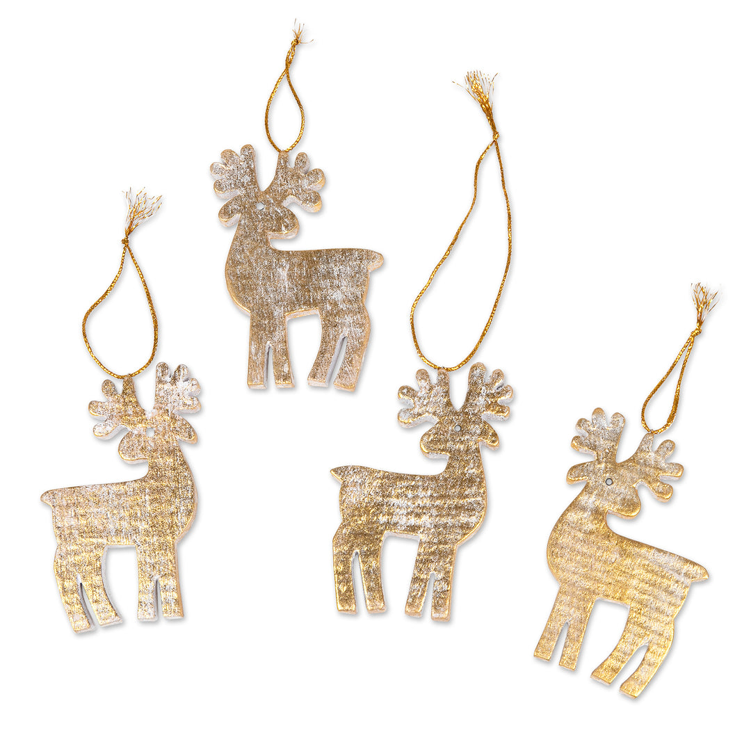 Set of 4 Golden Albesia Wood Holiday Reindeer Ornaments - Glorious Reindeer