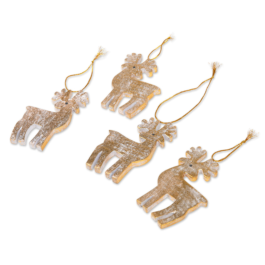 Set of 4 Golden Albesia Wood Holiday Reindeer Ornaments - Glorious Reindeer
