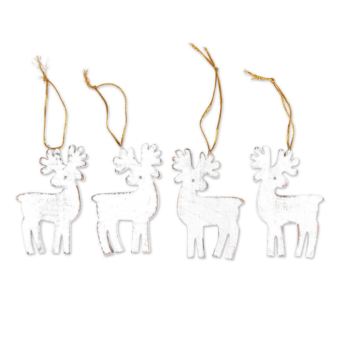 Set of 4 White Albesia Wood Holiday Reindeer Ornaments - Snowy Reindeer