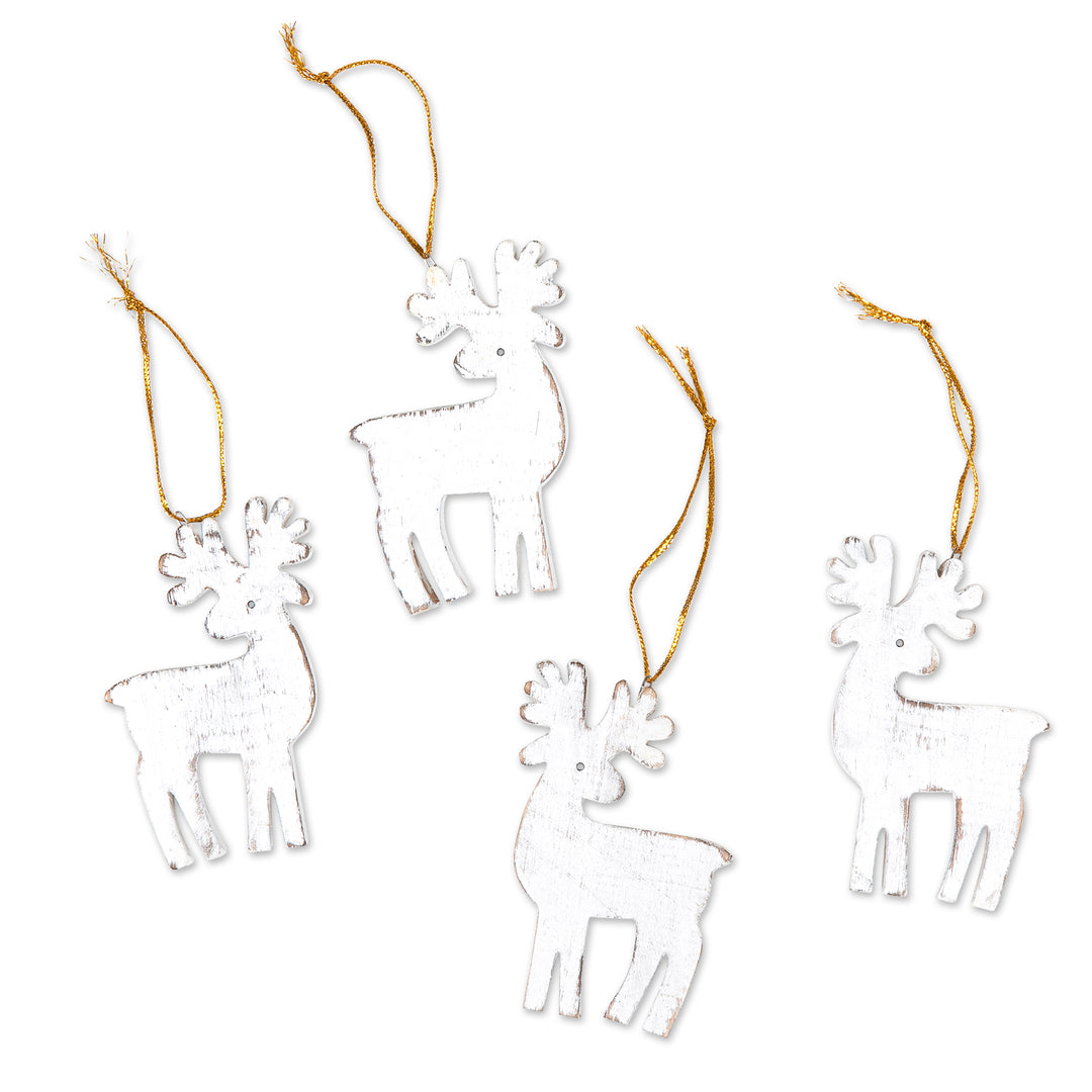 Set of 4 White Albesia Wood Holiday Reindeer Ornaments - Snowy Reindeer