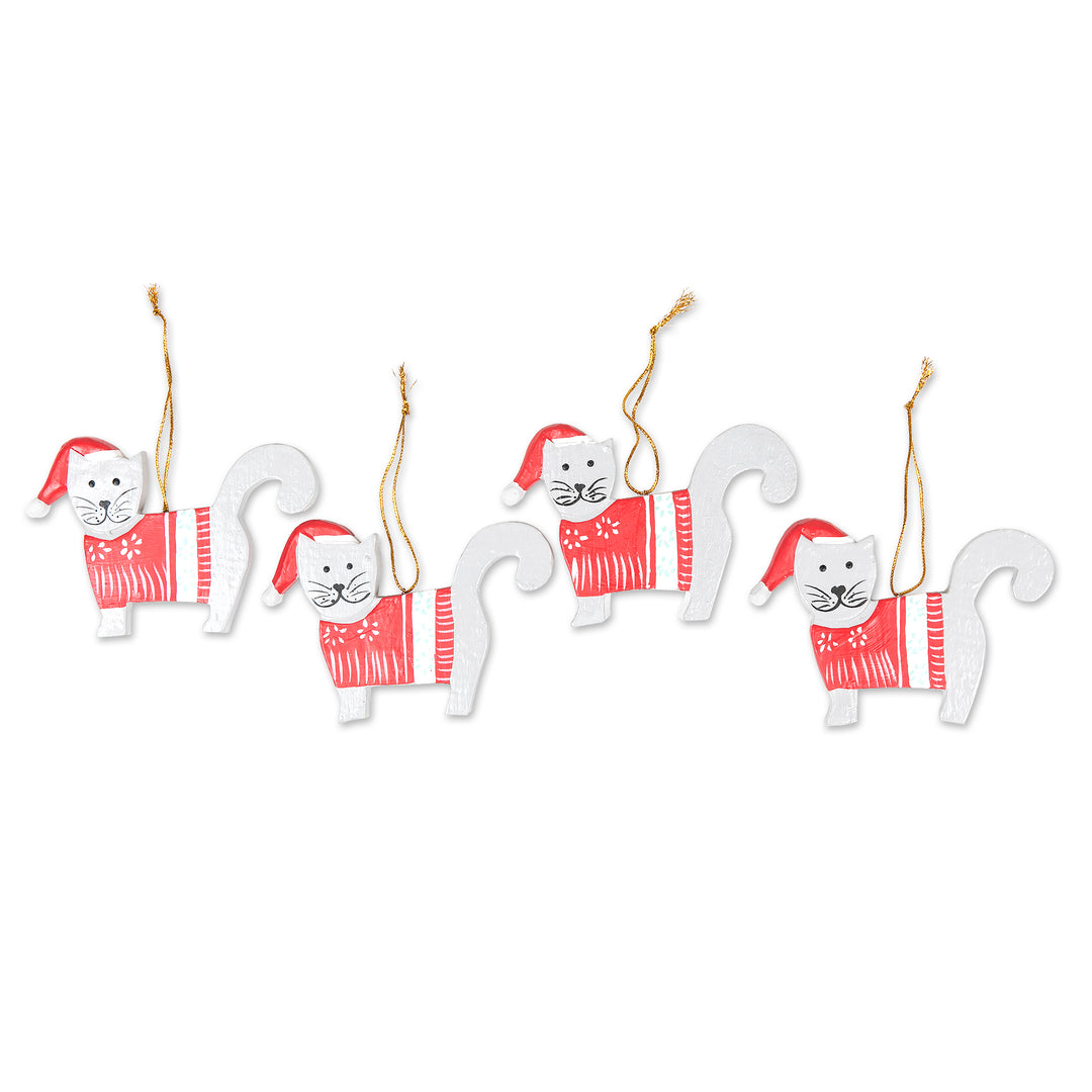Set of 4 Handcrafted Red and White Cat Holiday Ornaments - Santa Felines
