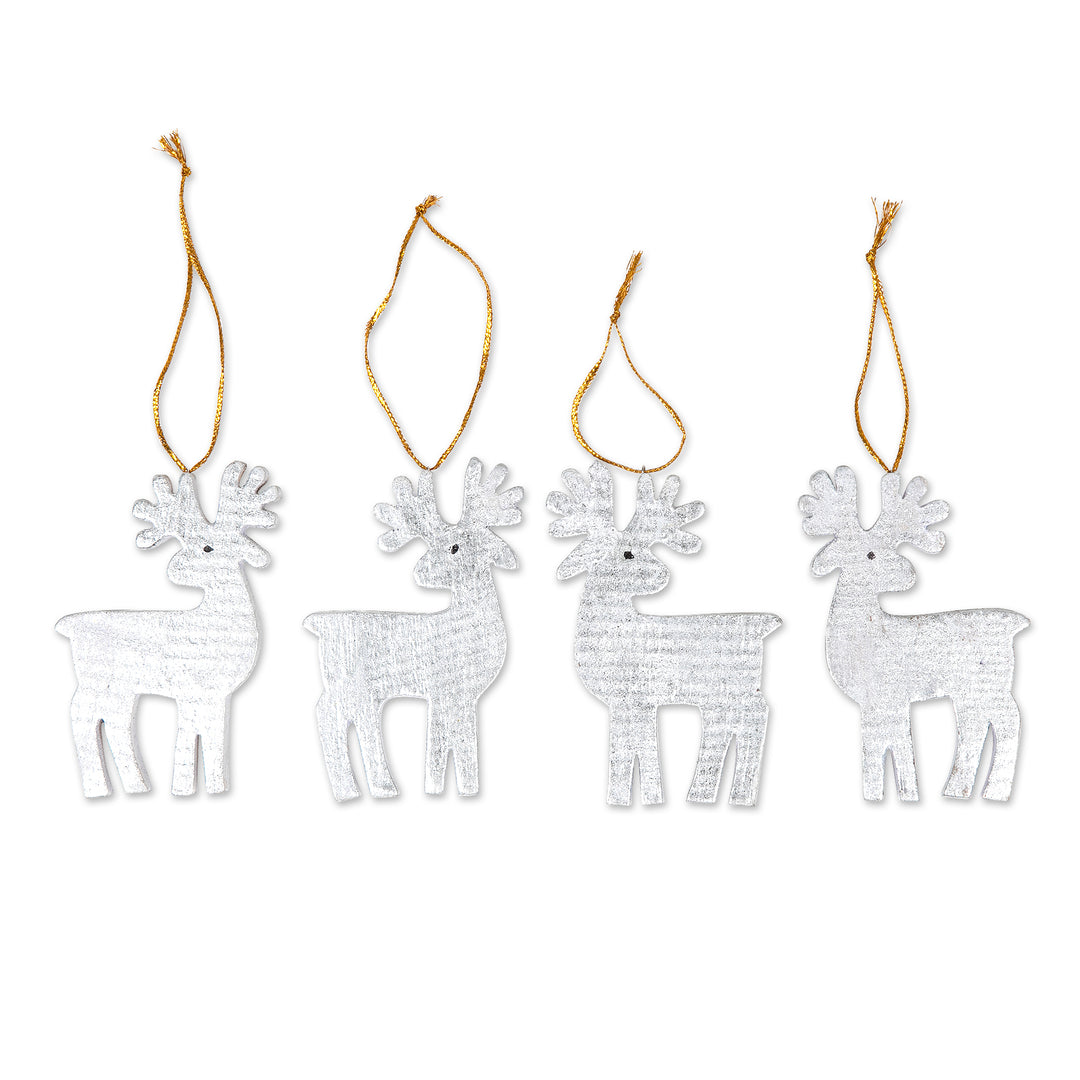 Set of 4 Silver Albesia Wood Holiday Reindeer Ornaments - Divine Reindeer