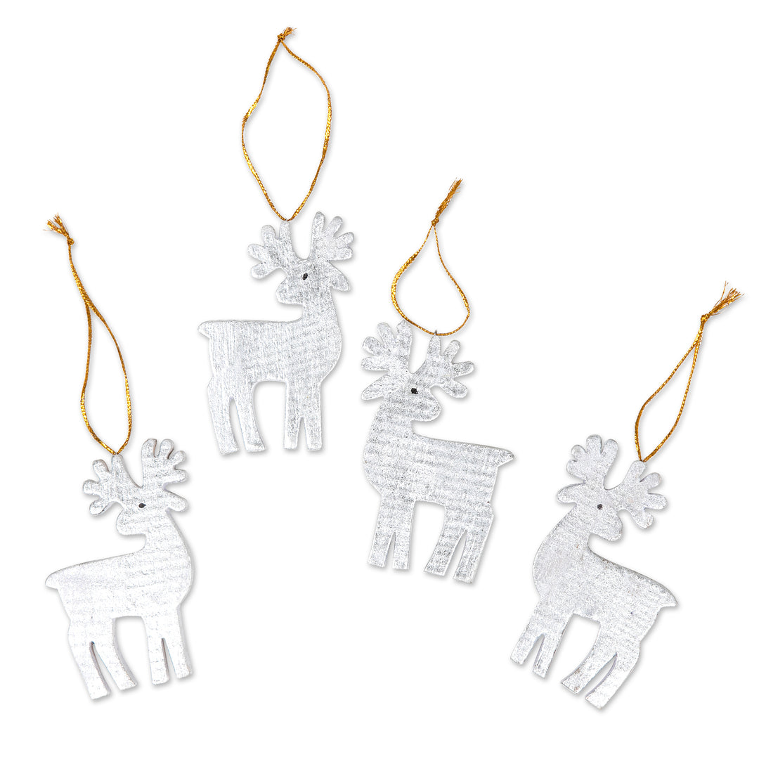 Set of 4 Silver Albesia Wood Holiday Reindeer Ornaments - Divine Reindeer
