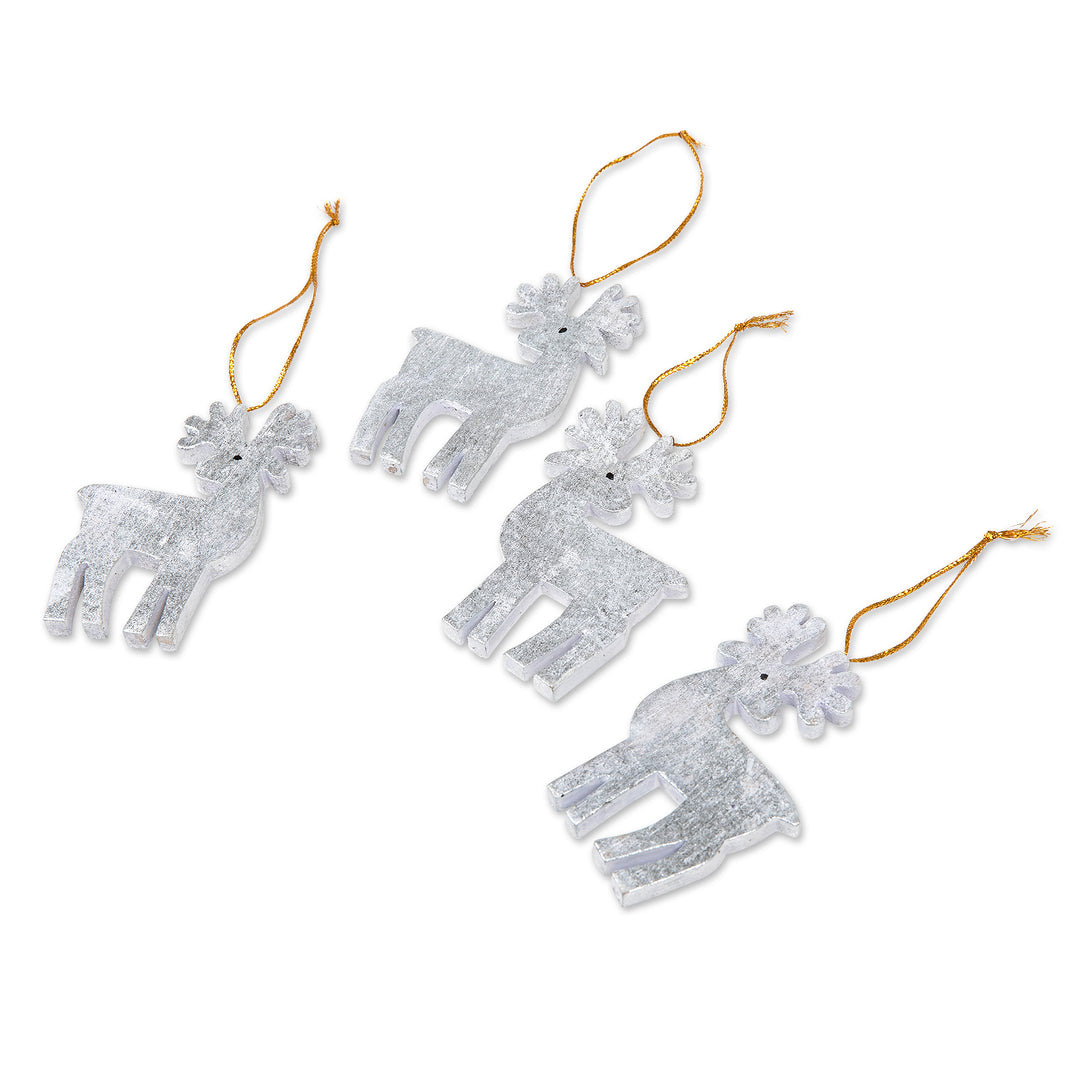 Set of 4 Silver Albesia Wood Holiday Reindeer Ornaments - Divine Reindeer