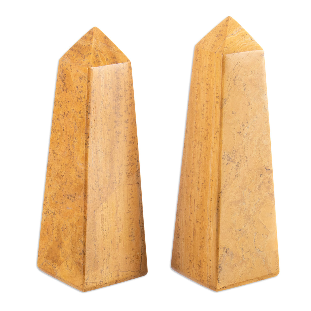 Pair of Yellow Jasper Obelisk Sculptures Handmade in Peru - Desert Sand