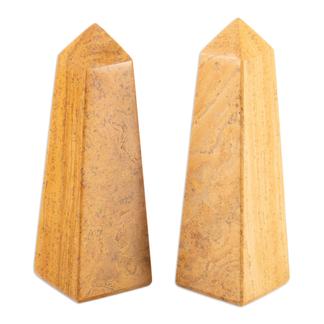 Pair of Yellow Jasper Obelisk Sculptures Handmade in Peru - Desert Sand