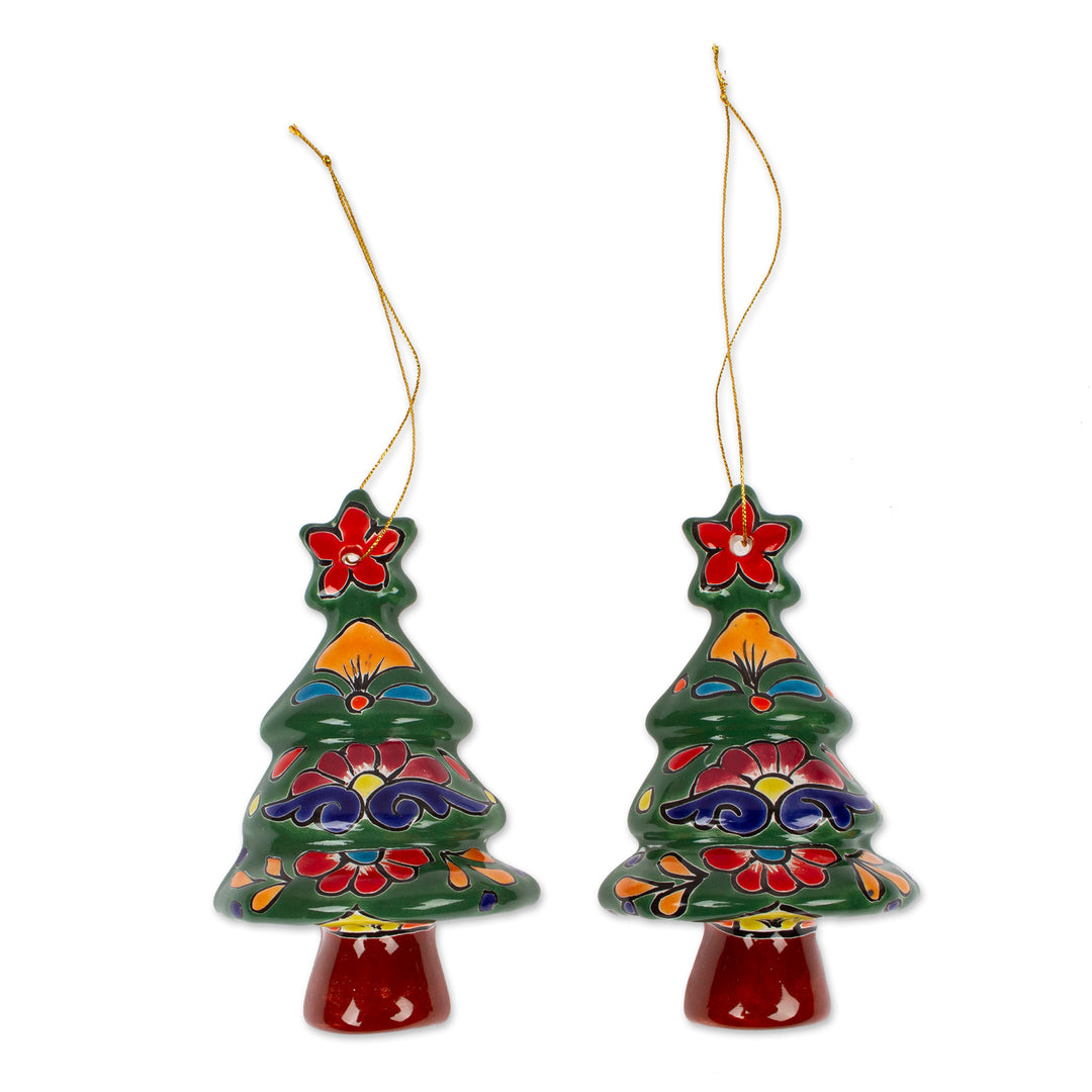Floral Ceramic Christmas Tree Ornaments from Mexico (Pair) - Talavera Celebration